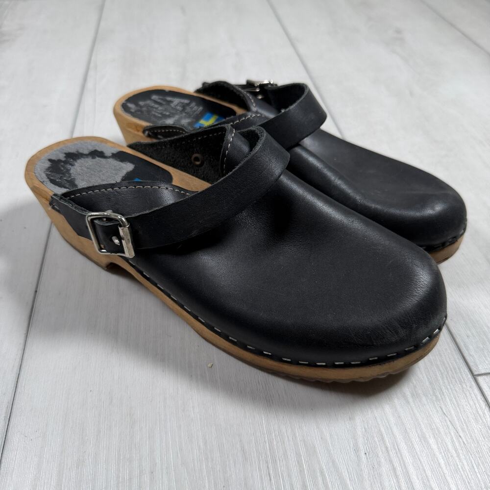 MIA Leather Clogs Black Swedish Strap Wood Sole Women 39 8.5 Boho